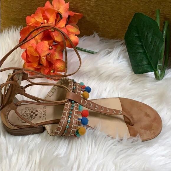 VINCE CAMUTO LEATHER POM POM LACE UP SANDA… - Picture 4 of 8